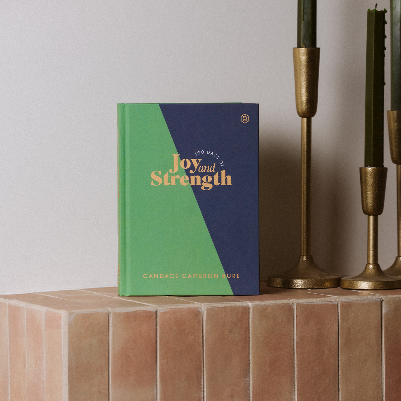 Book titled 'Joy and Strength' on a brick surface with candle holders in the background
