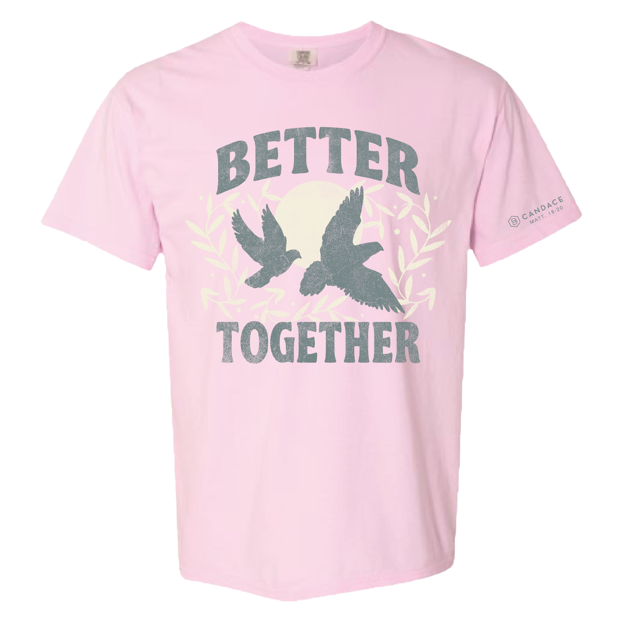 Pink t-shirt with 'Better Together' text and dove design on a white background
