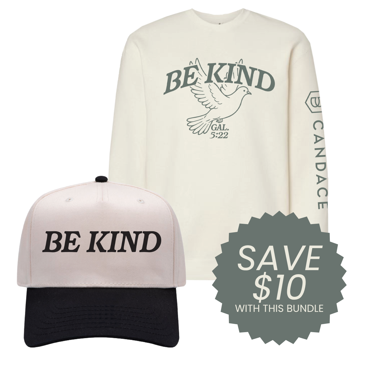 Sweatshirt and cap with 'BE KIND' text, featuring a dove graphic, on a white background.