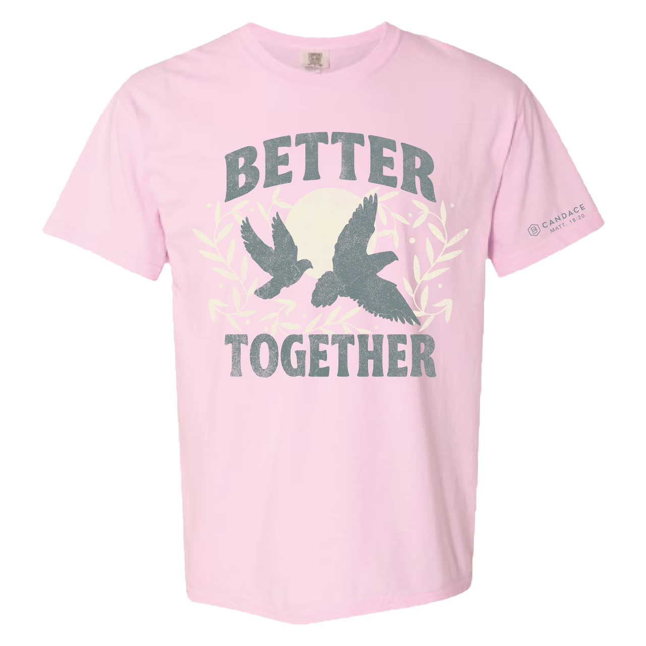 Pink t-shirt with 'Better Together' text and dove design on a white background