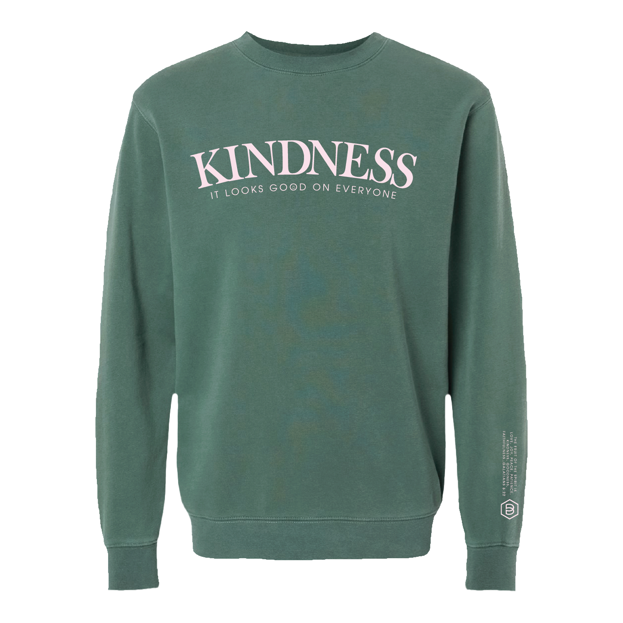 Green sweatshirt with 'KINDNESS' text on a white background