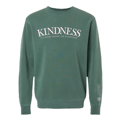 Green sweatshirt with 'KINDNESS' text on a white background