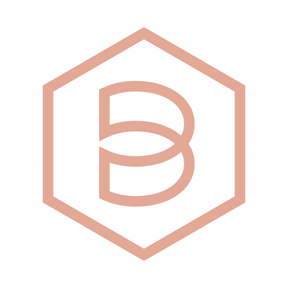 Logo with a stylized letter 'B' inside a hexagon on a white background
