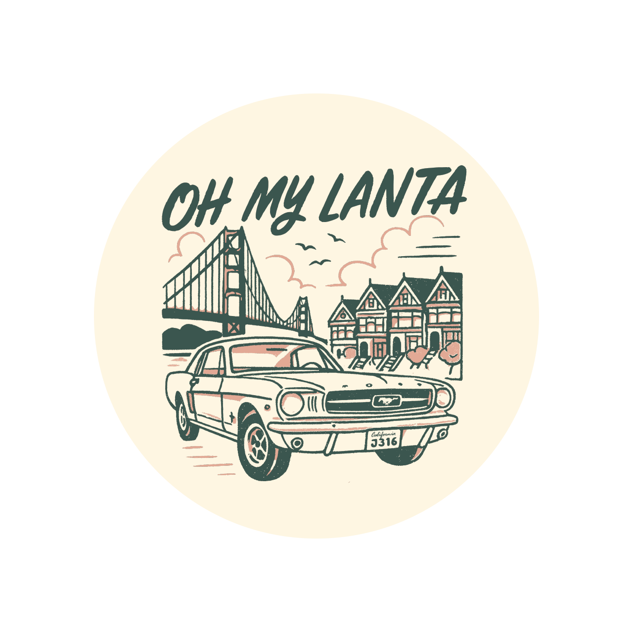 Circular design with a car, bridge, and buildings labeled 'Oh My Lanta' on a beige background.