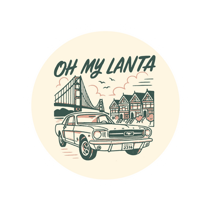 Circular design with a car, bridge, and buildings labeled 'Oh My Lanta' on a beige background.