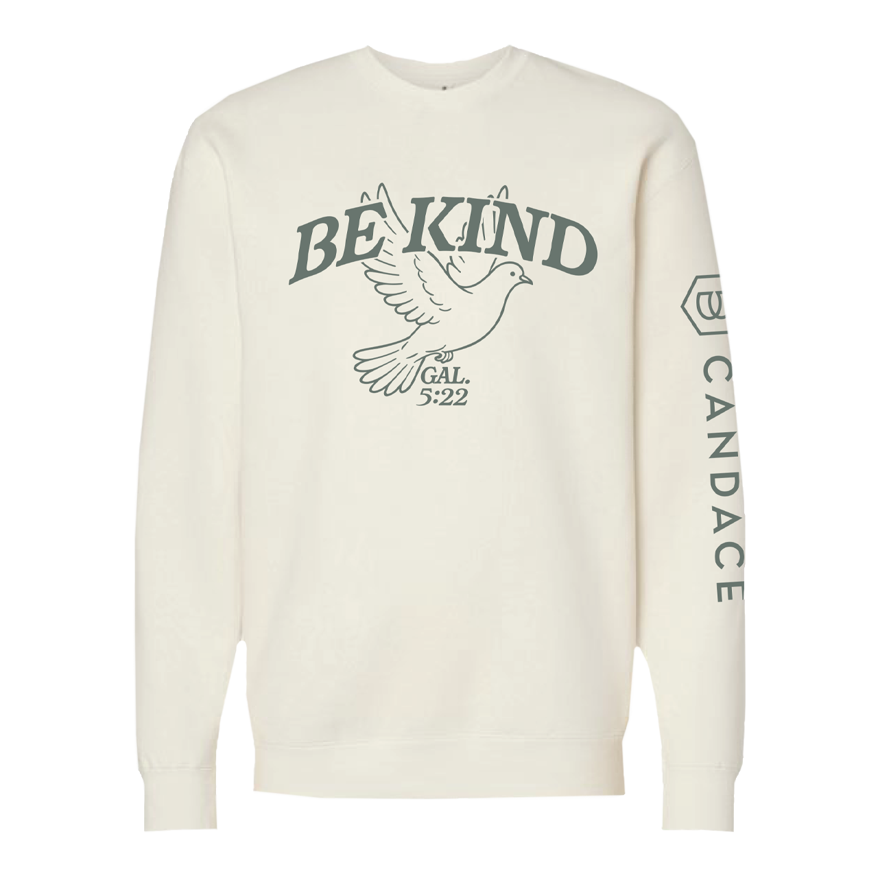 White sweatshirt with 'BE KIND' text and dove graphic on a white background
