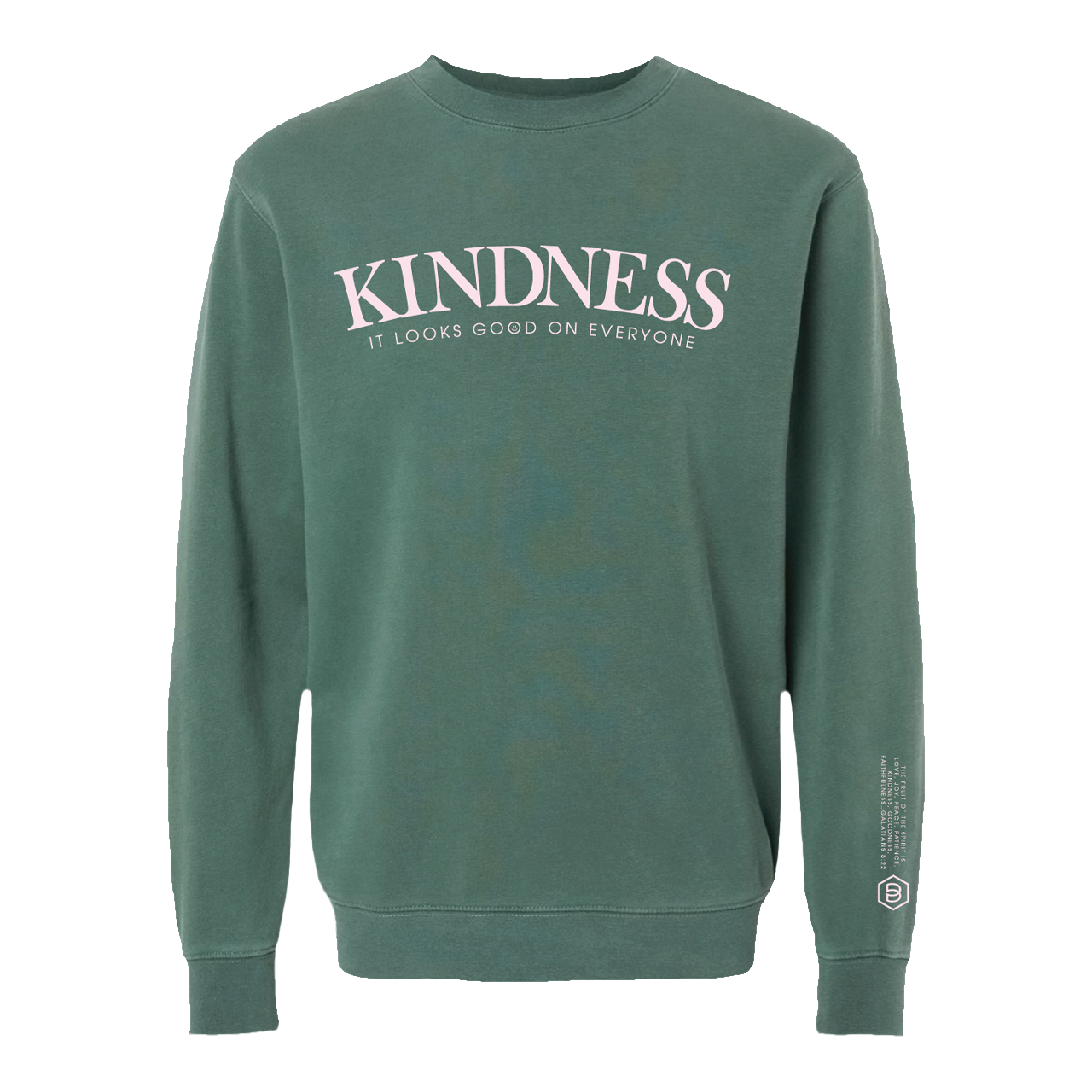 Green sweatshirt with 'KINDNESS' text on a white background