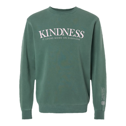 Green sweatshirt with 'KINDNESS' text on a white background