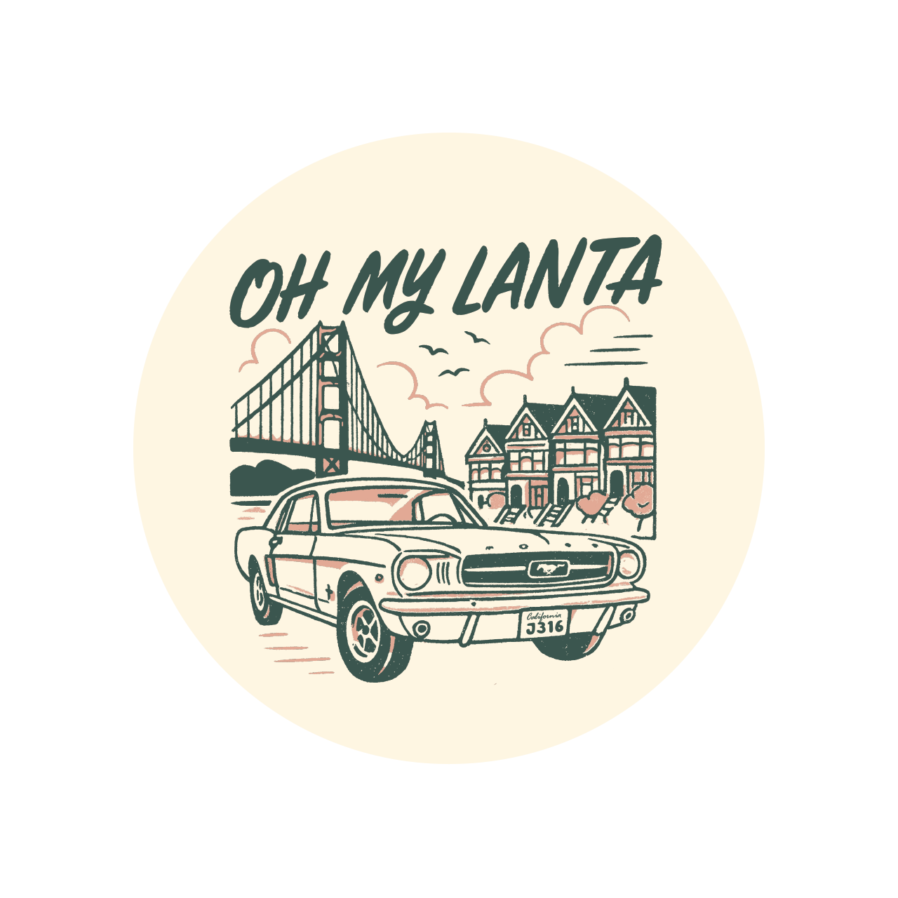 Circular design with a car, bridge, and buildings labeled 'Oh My Lanta' on a beige background.