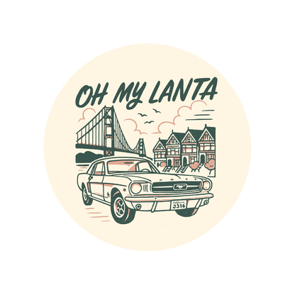 Circular design with a car, bridge, and buildings labeled 'Oh My Lanta' on a beige background.