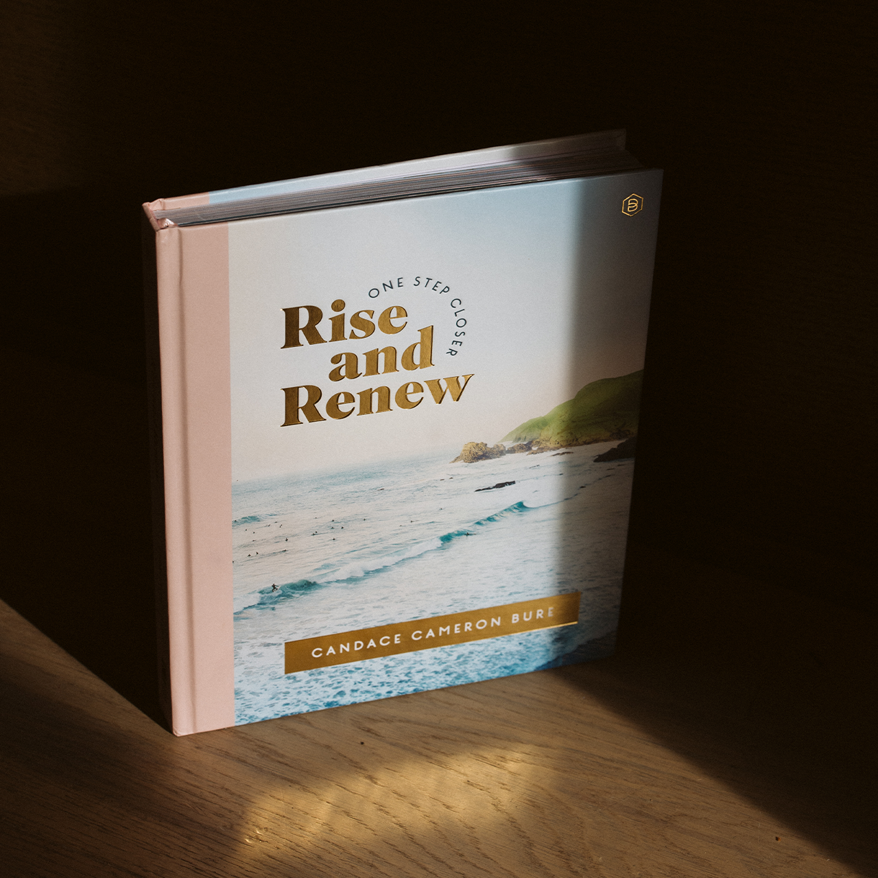 Book titled 'Rise and Renew' by Candace Cameron Bure on a wooden surface with a dark background
